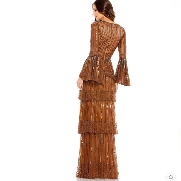 Mac Duggal 5442 Womens Embellished Bell Sleeve Tiered Gown Dress Copper - Picture 4 of 15